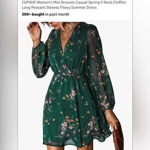 Chic Forest Green Floral Dress with Sheer Sleeves